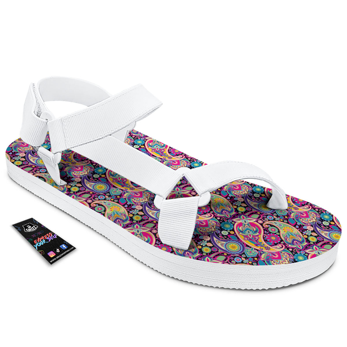 Blue Pink And Green Paisley Print White Open Toe Sandals-grizzshop