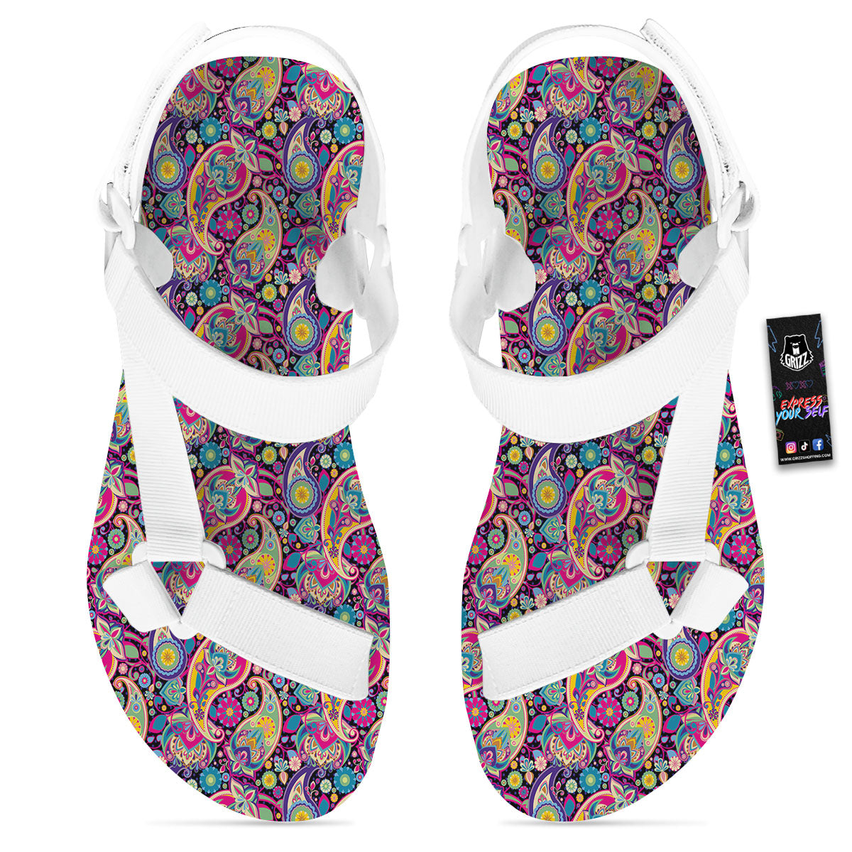 Blue Pink And Green Paisley Print White Open Toe Sandals-grizzshop