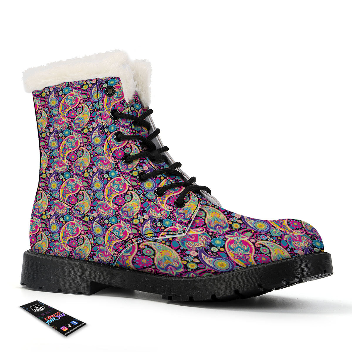 Blue Pink And Green Paisley Print Winter Boots-grizzshop