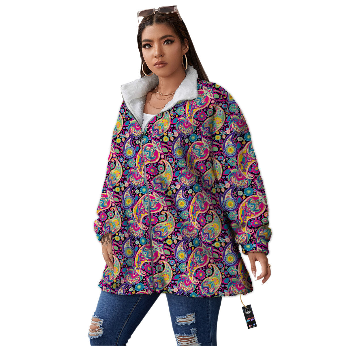 Blue Pink And Green Paisley Print Women's Sherpa Jacket-grizzshop