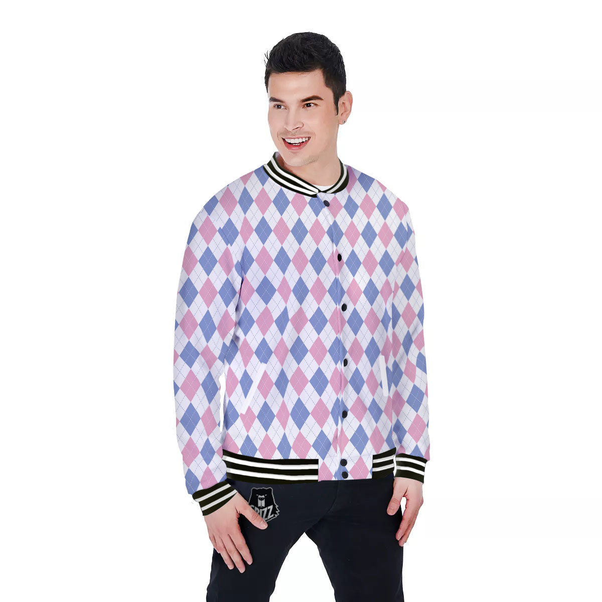 Blue Pink And White Argyle Print Pattern Baseball Jacket-grizzshop