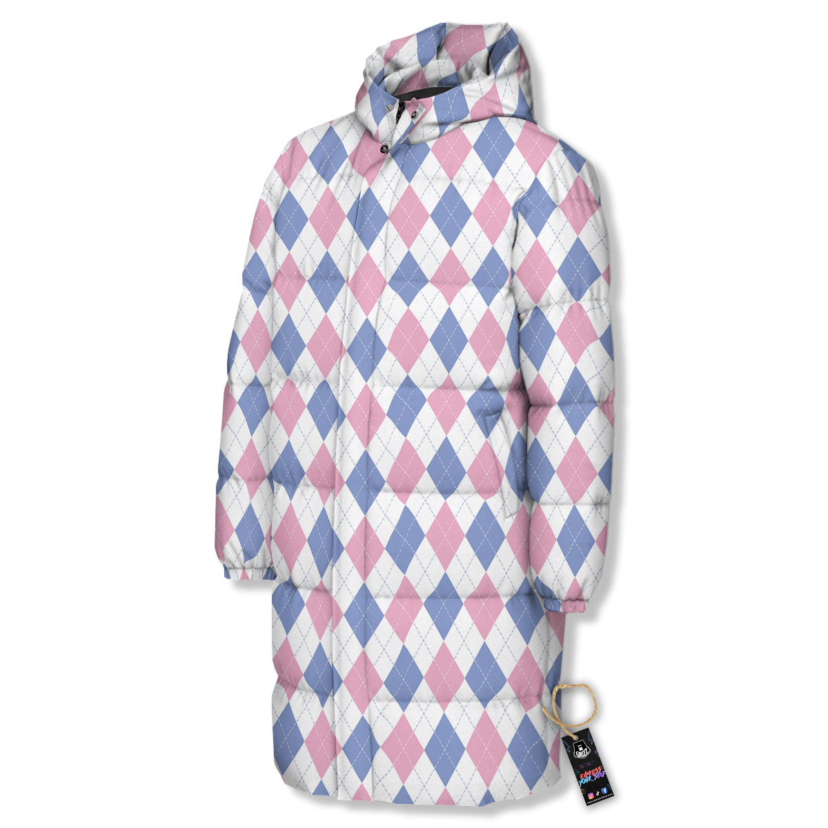 Blue Pink And White Argyle Print Pattern Long Down Jacket-grizzshop
