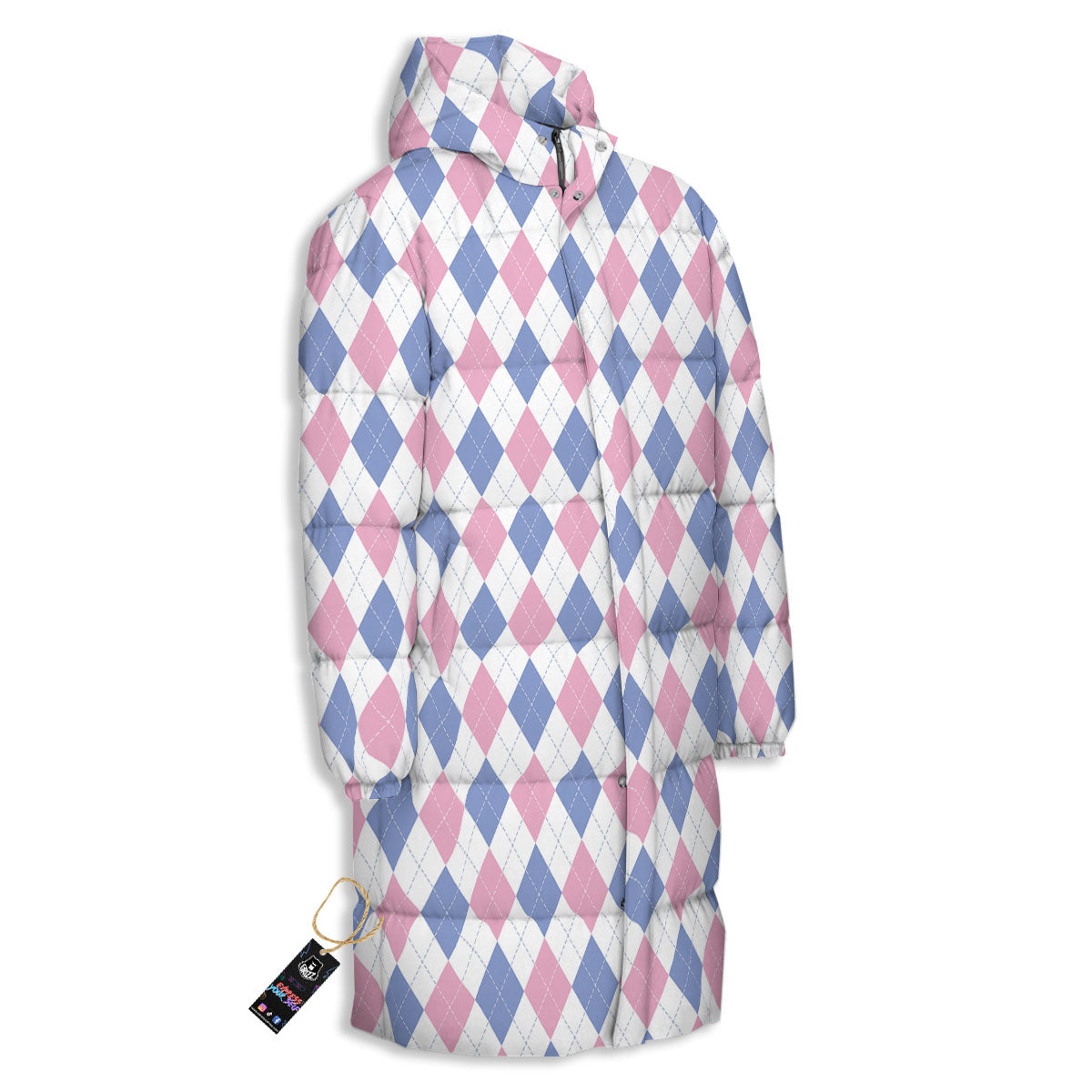 Blue Pink And White Argyle Print Pattern Long Down Jacket-grizzshop