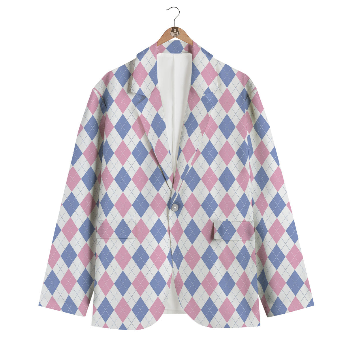 Blue Pink And White Argyle Print Pattern Men's Blazer-grizzshop