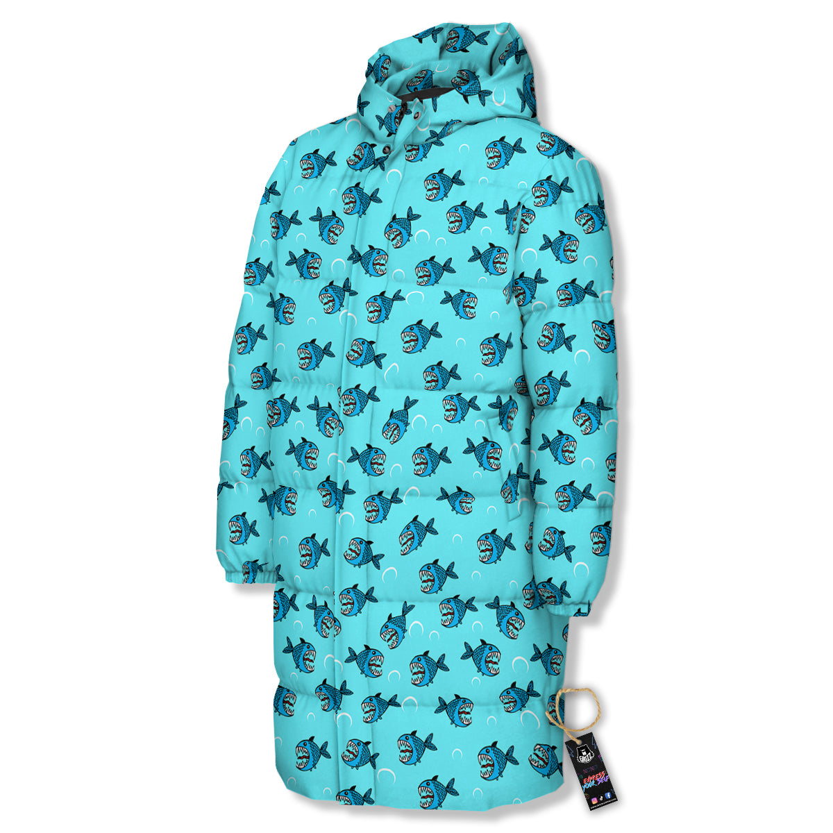 Blue Piranha Print Pattern Long Down Jacket-grizzshop