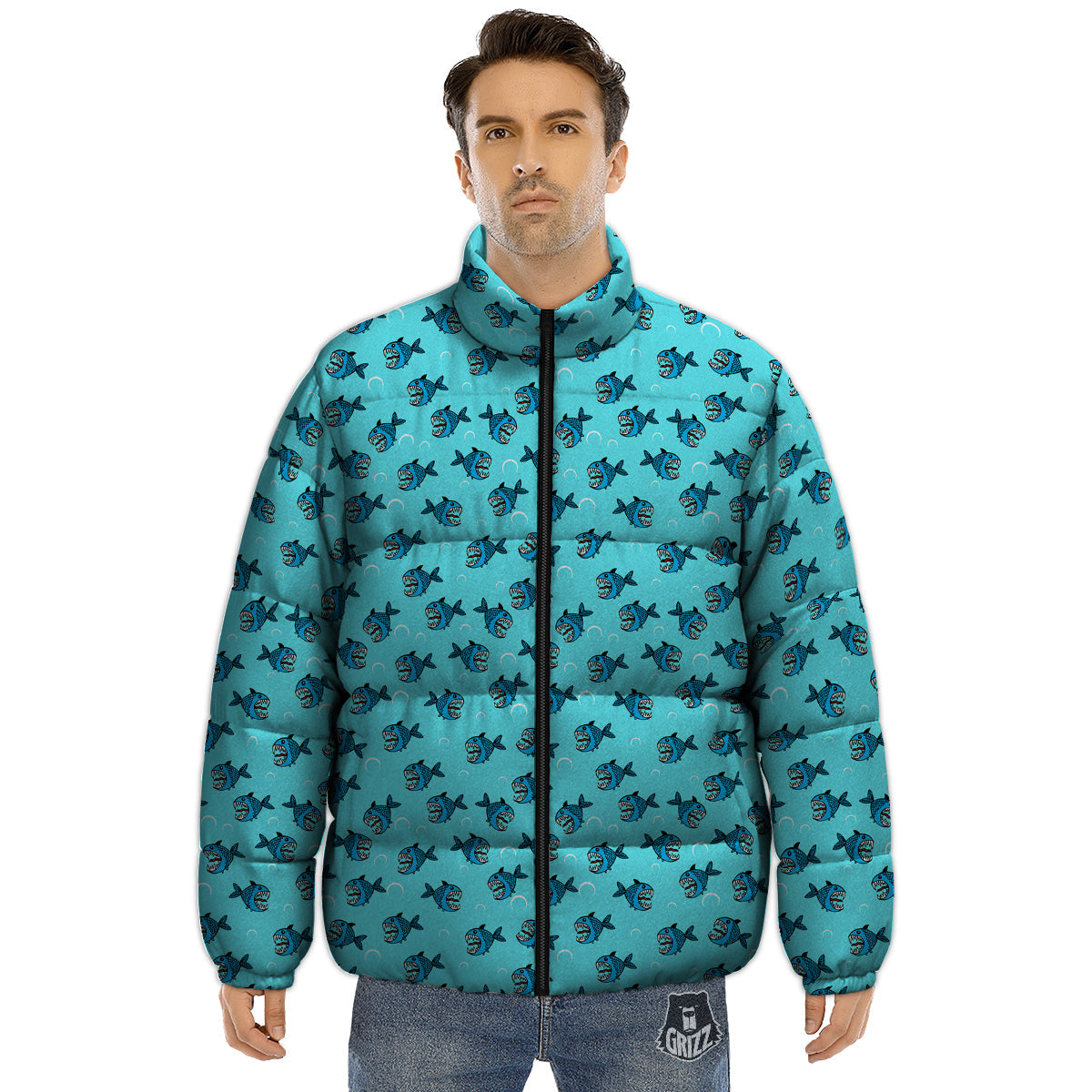 Blue Piranha Print Pattern Puffer Jacket-grizzshop