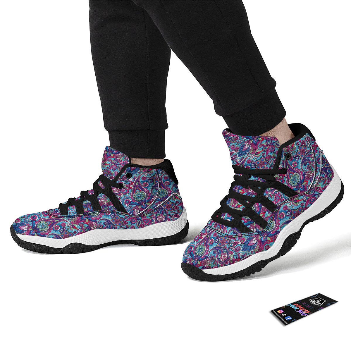 Blue Purple Red Paisley Pattern Print Black Bball Shoes-grizzshop