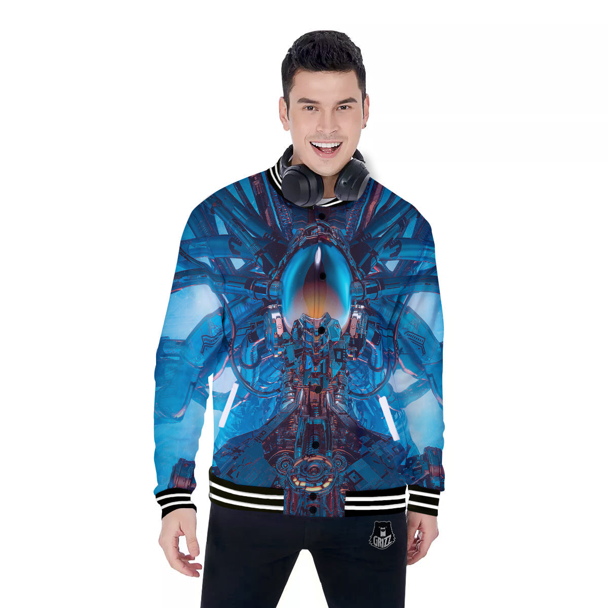 Blue Robot Cyberpunk Print Baseball Jacket-grizzshop