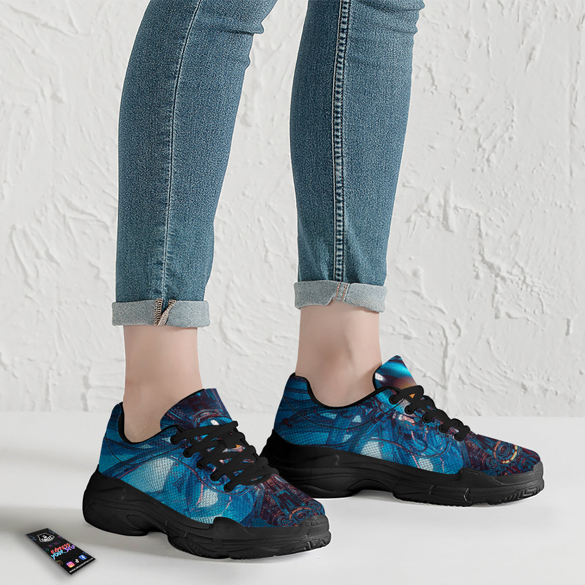Blue Robot Cyberpunk Print Black Chunky Shoes-grizzshop