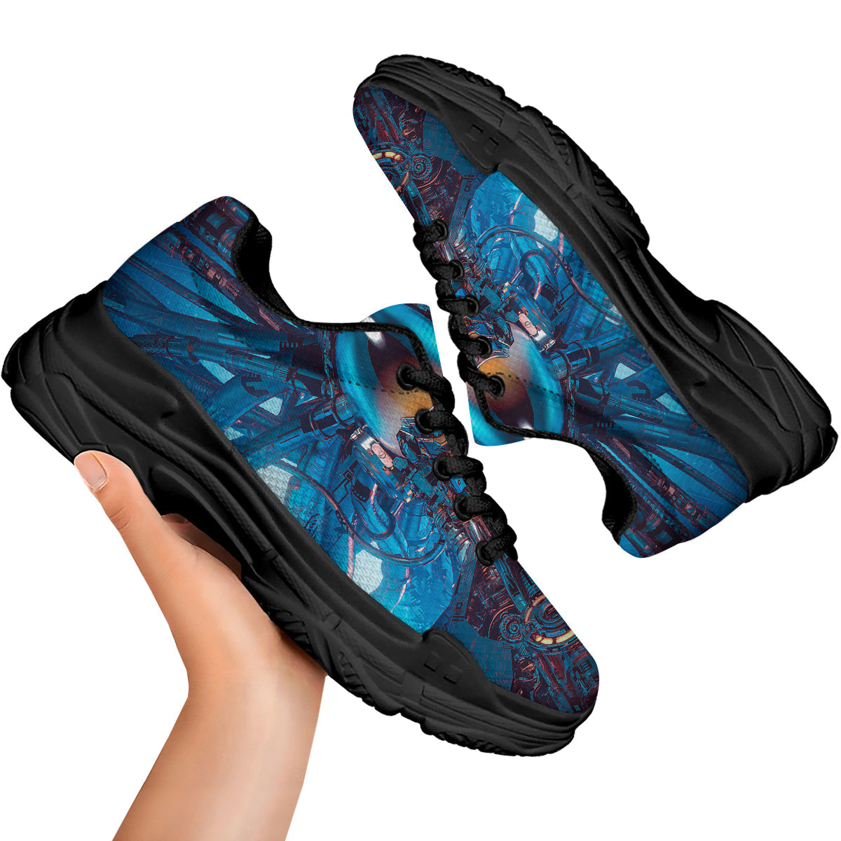 Blue Robot Cyberpunk Print Black Chunky Shoes-grizzshop