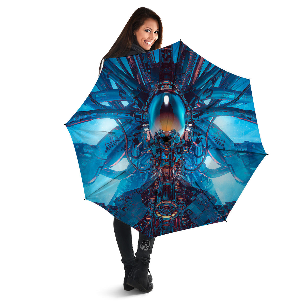Blue Robot Cyberpunk Print Umbrella-grizzshop