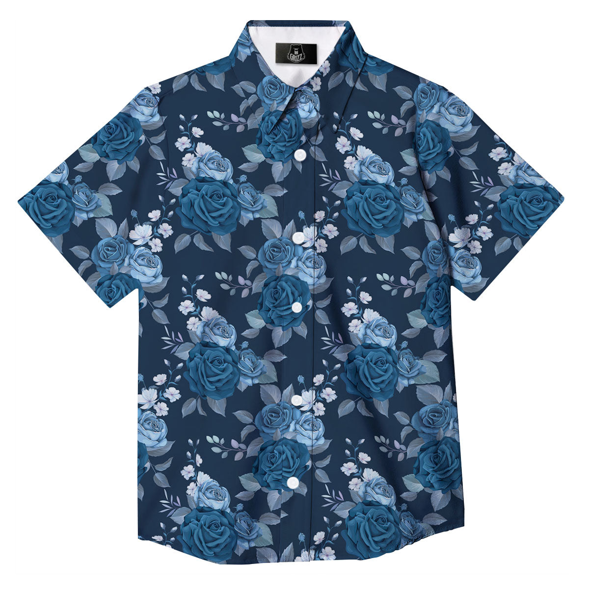 Blue Rose Royal Print Pattern Button Up Shirt-grizzshop