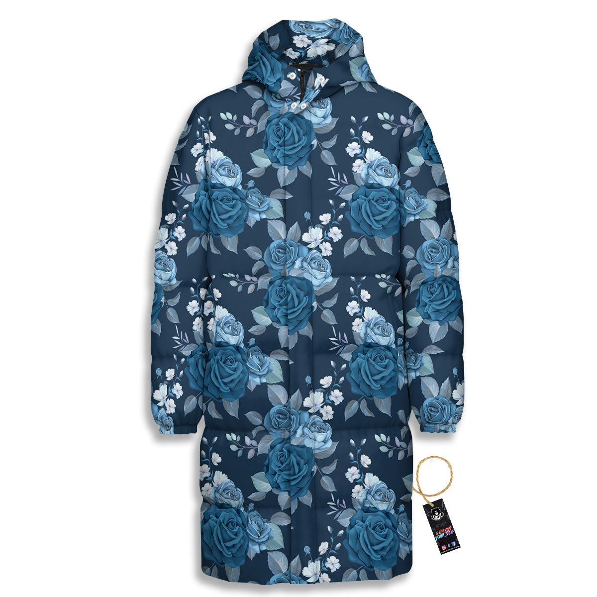 Blue Rose Royal Print Pattern Long Down Jacket-grizzshop