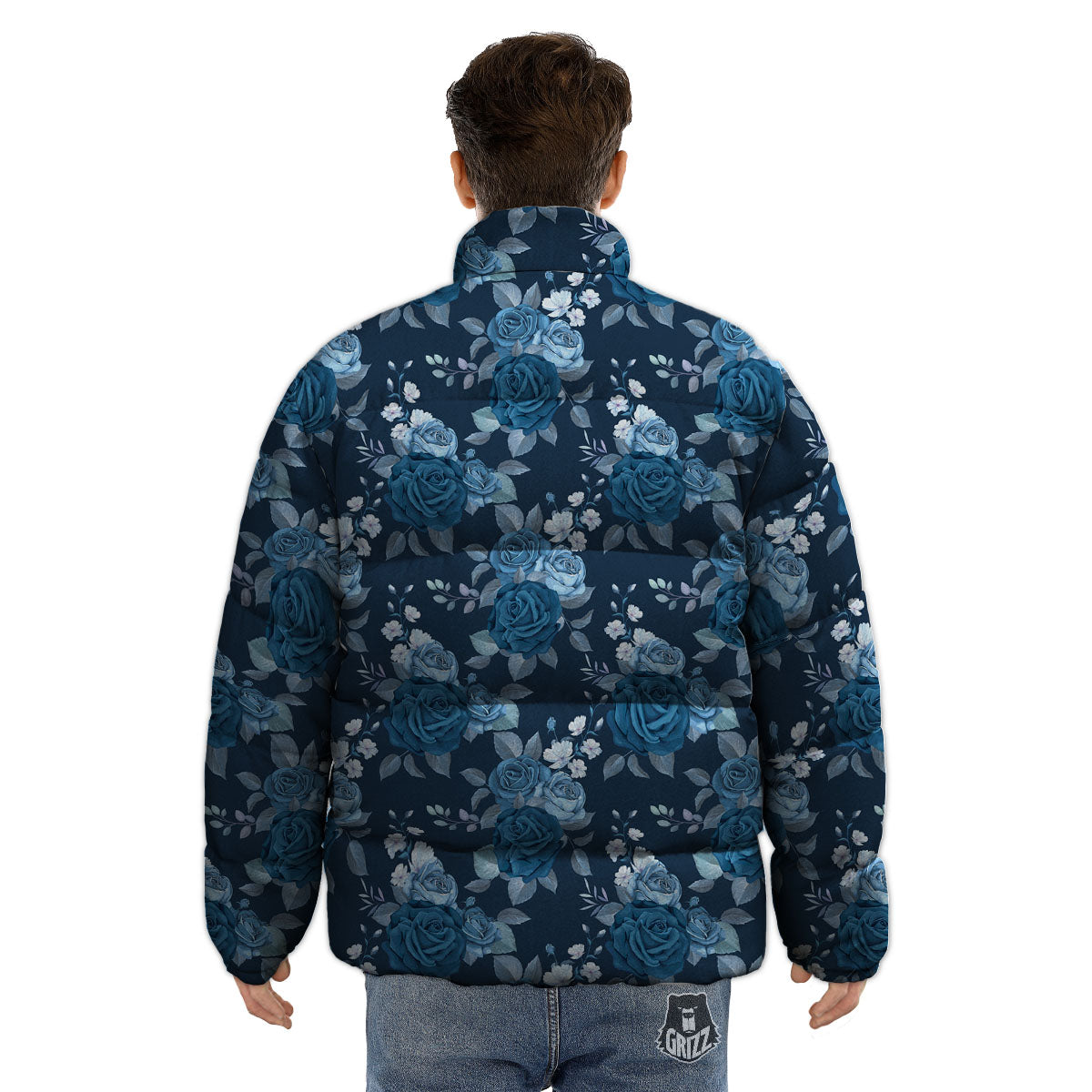 Blue Rose Royal Print Pattern Puffer Jacket-grizzshop