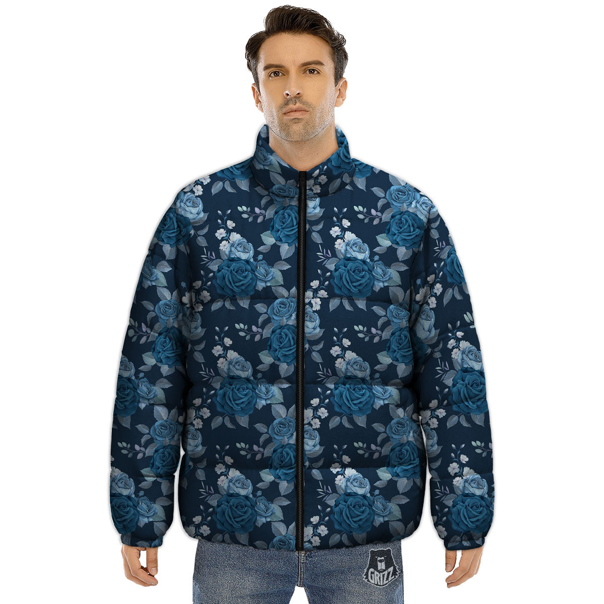 Blue Rose Royal Print Pattern Puffer Jacket-grizzshop