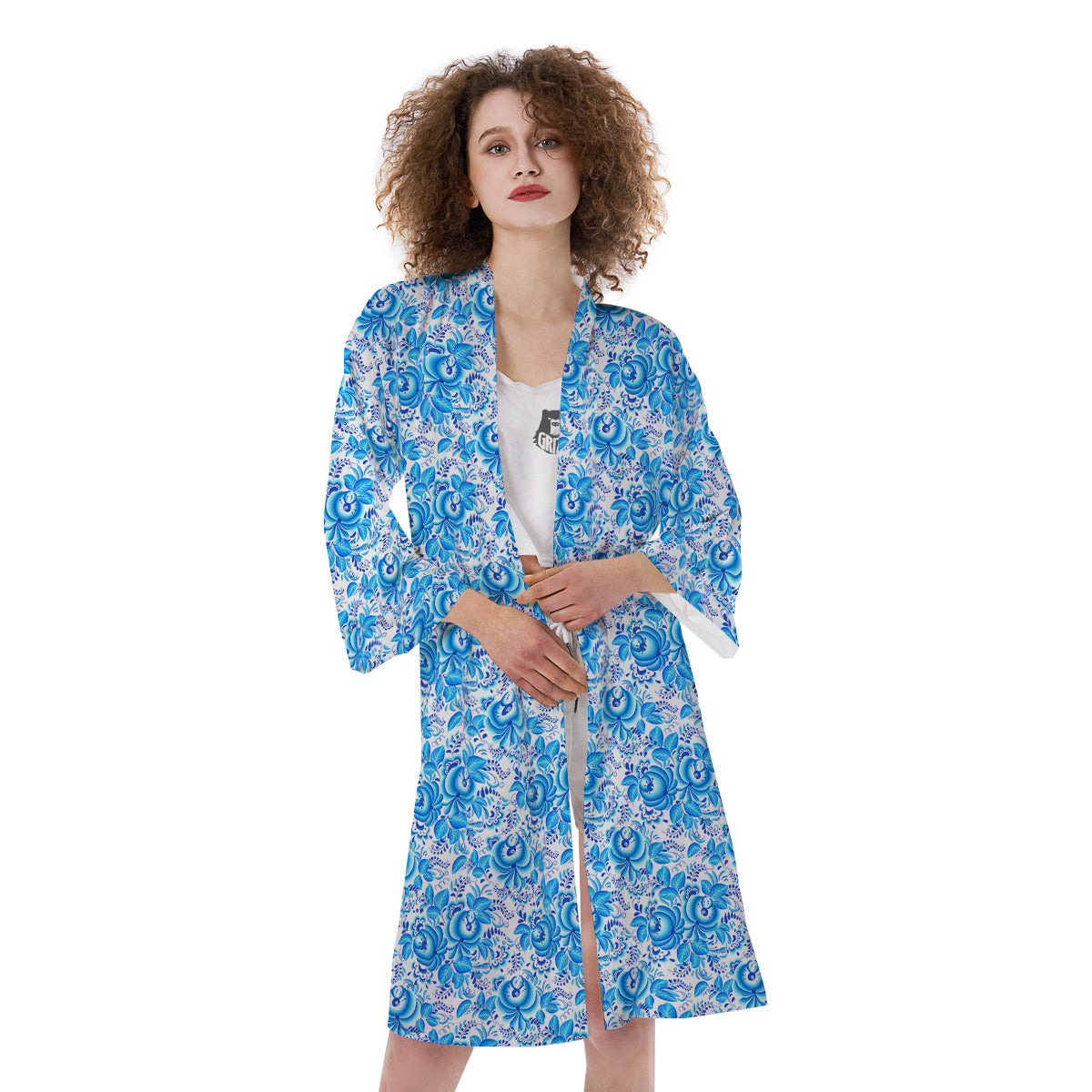 Blue Russian Floral Gzhel Print Pattern Kimono-grizzshop