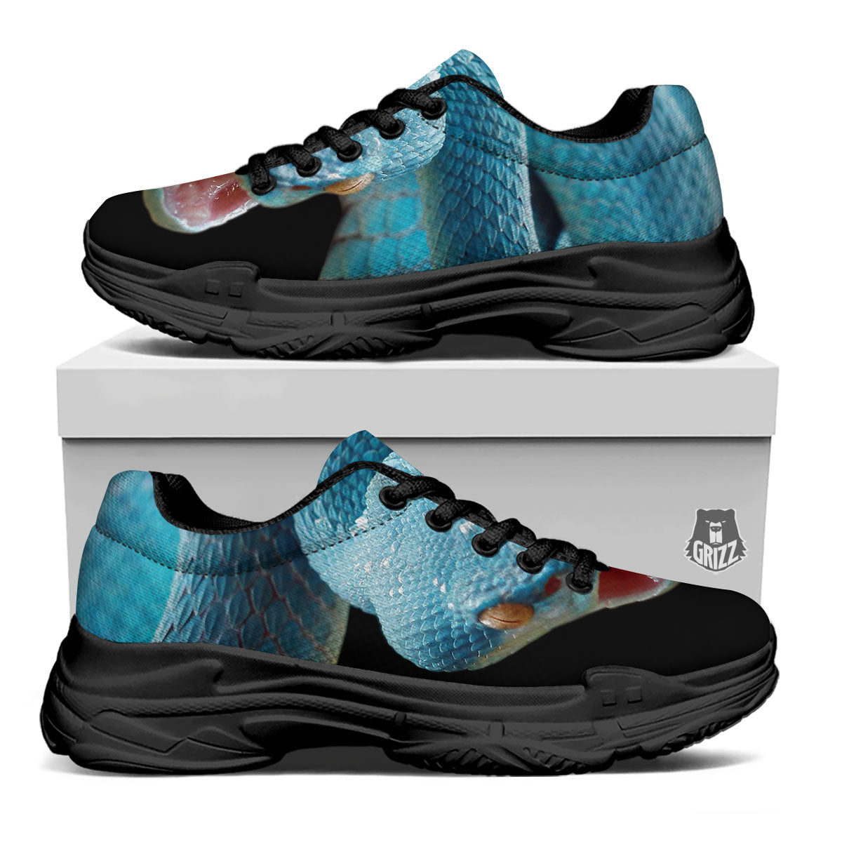 Blue Scary Viper Snake Print Black Chunky Shoes-grizzshop