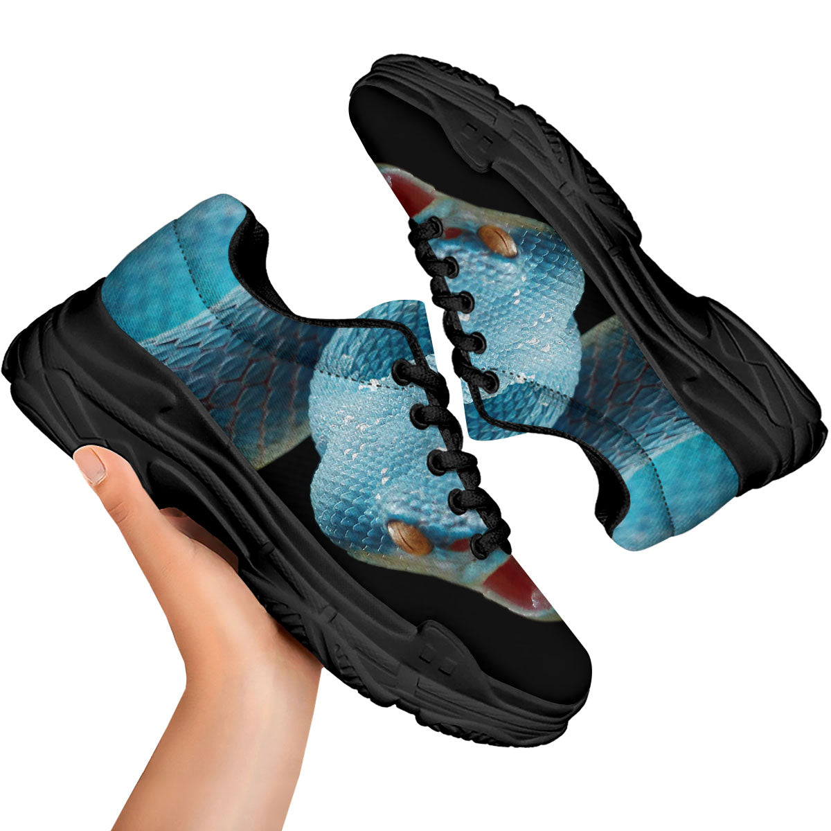 Blue Scary Viper Snake Print Black Chunky Shoes-grizzshop