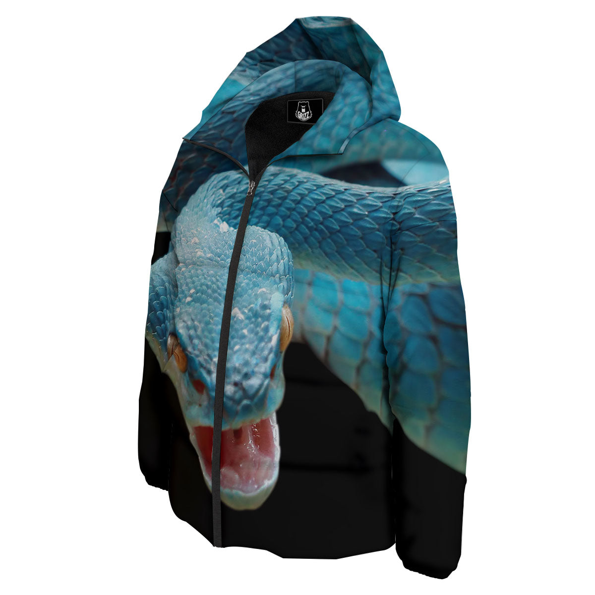 Blue Scary Viper Snake Print Down Jacket-grizzshop