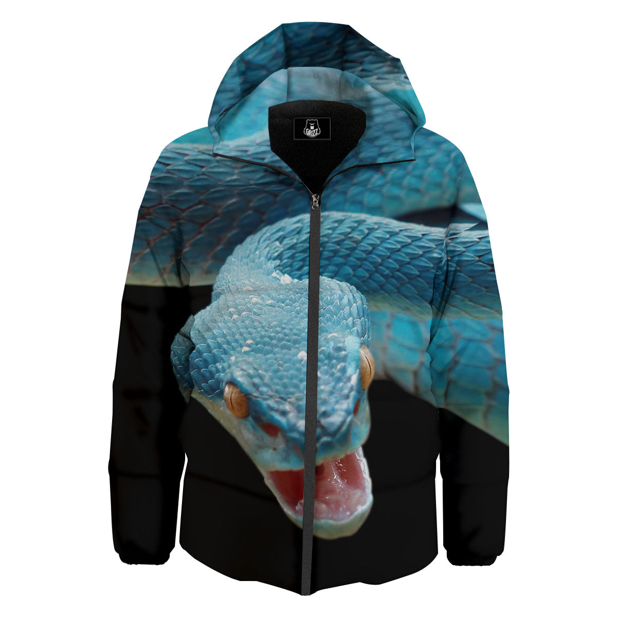 Blue Scary Viper Snake Print Down Jacket-grizzshop