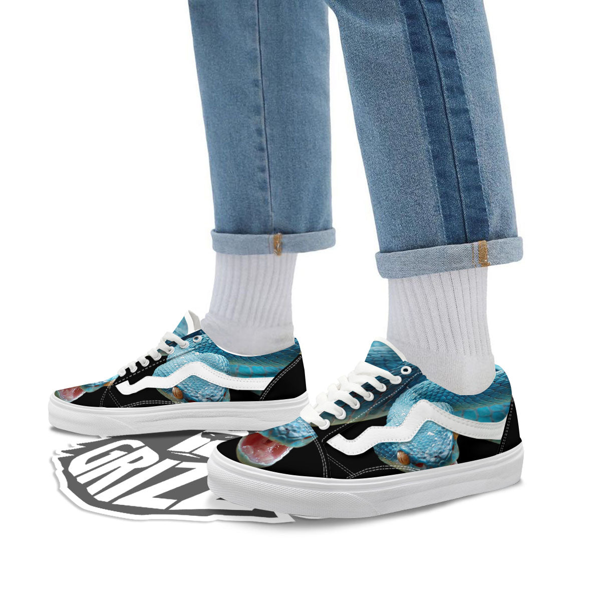 Blue Scary Viper Snake Print Skate Shoes-grizzshop