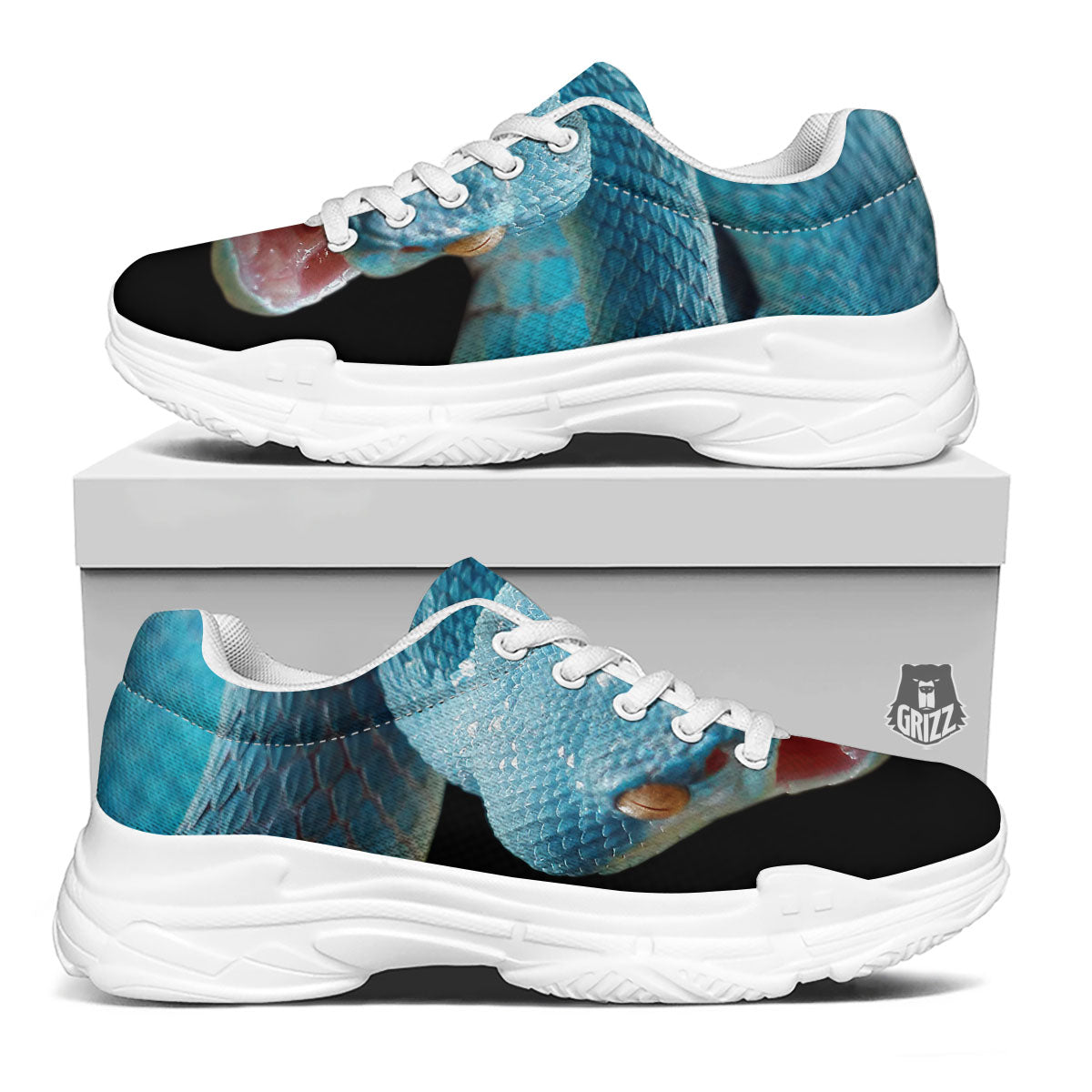 Blue Scary Viper Snake Print White Chunky Shoes-grizzshop