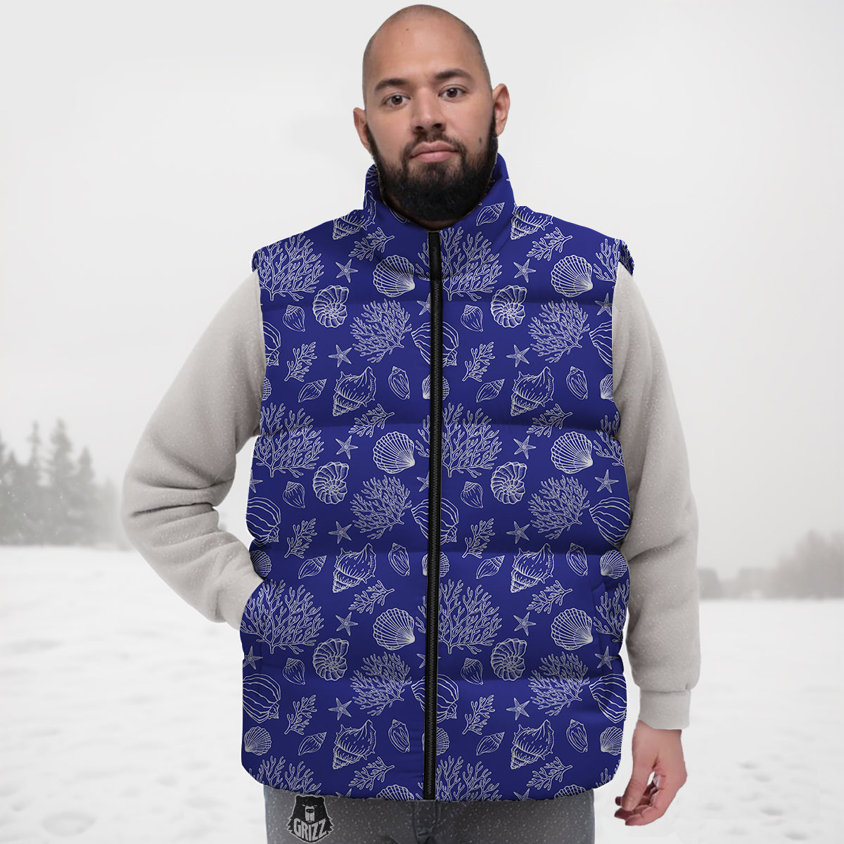 Blue Sea Corals Print Pattern Down Vest-grizzshop