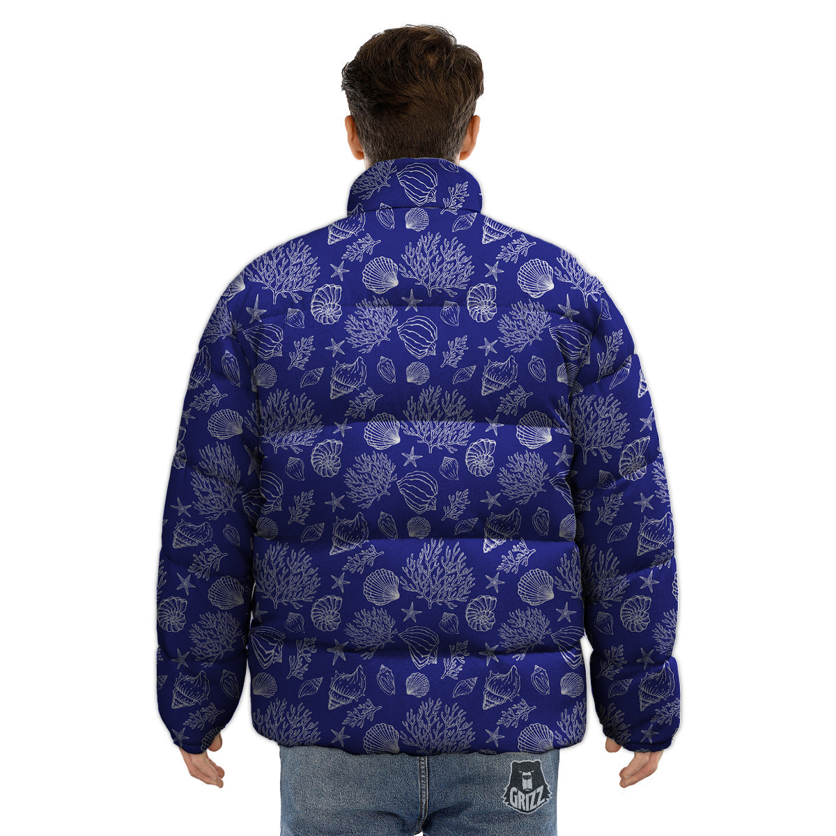 Blue Sea Corals Print Pattern Puffer Jacket-grizzshop