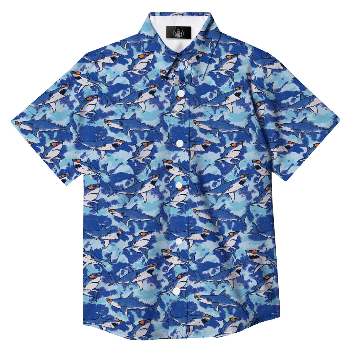 Blue Shark Print Pattern Button Up Shirt-grizzshop