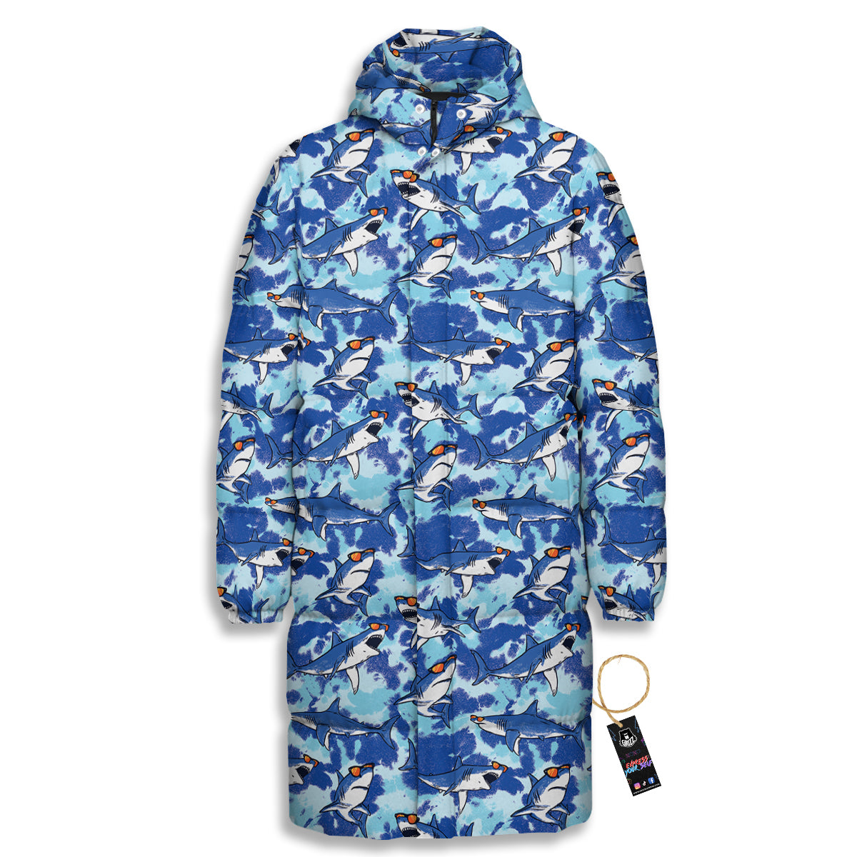 Blue Shark Print Pattern Long Down Jacket-grizzshop