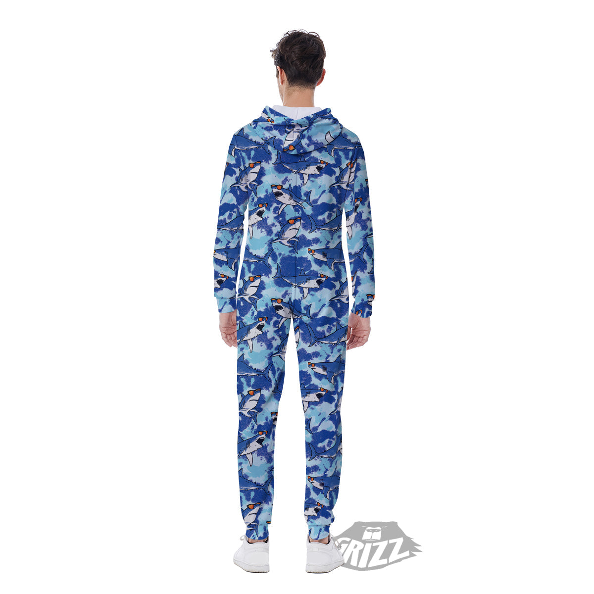 Blue Shark Print Pattern Men's Jumpsuit-grizzshop