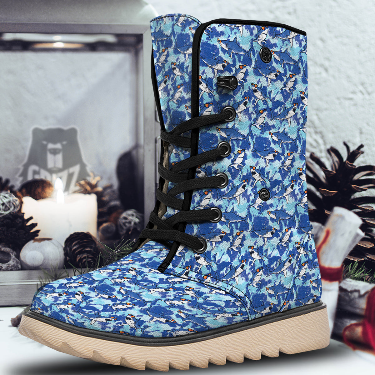 Blue Shark Print Pattern Snow Boots-grizzshop