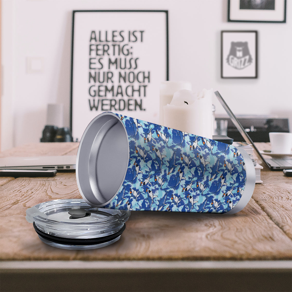 Blue Shark Print Pattern Tumbler-grizzshop