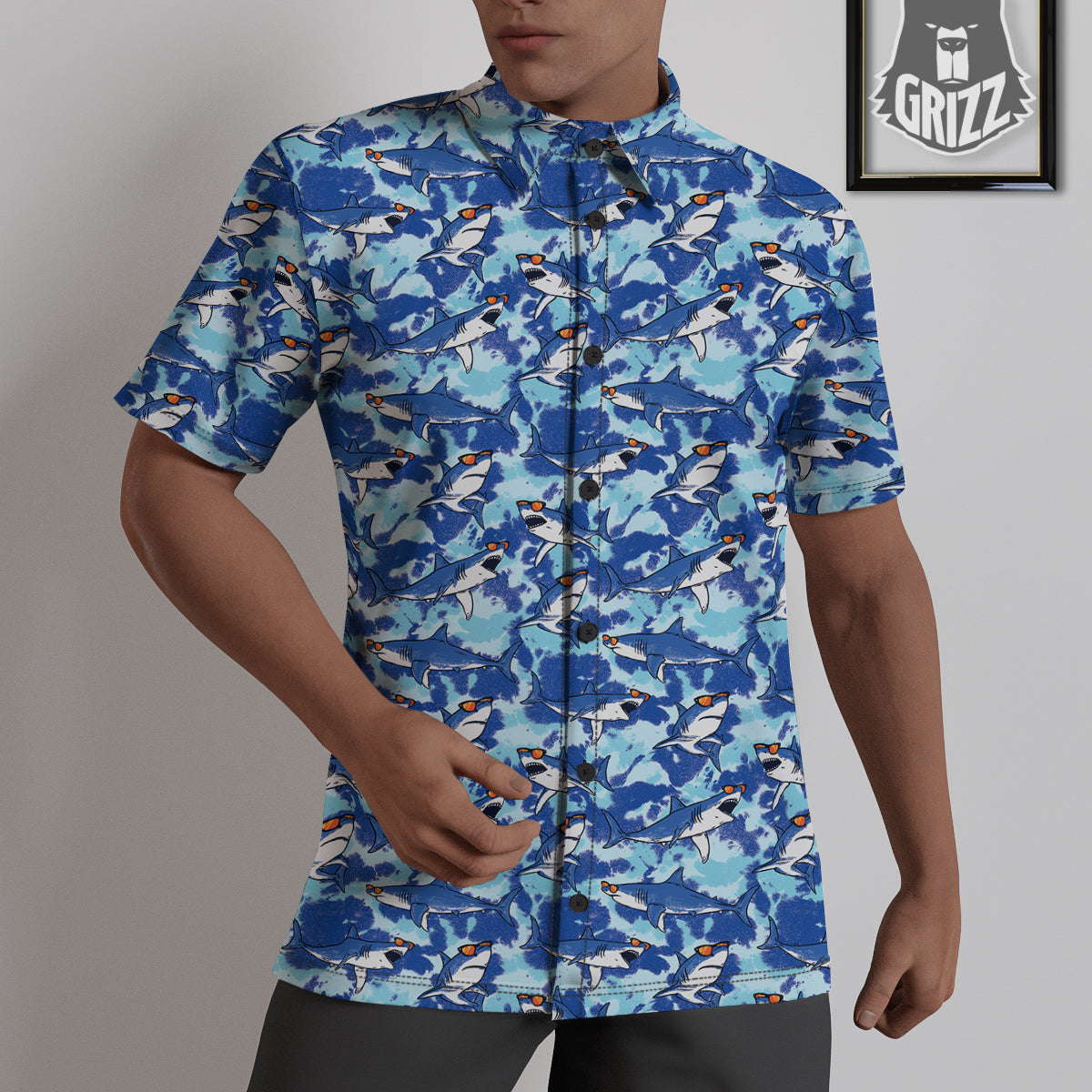 Blue Shark Print Pattern Untucked Shirts-grizzshop