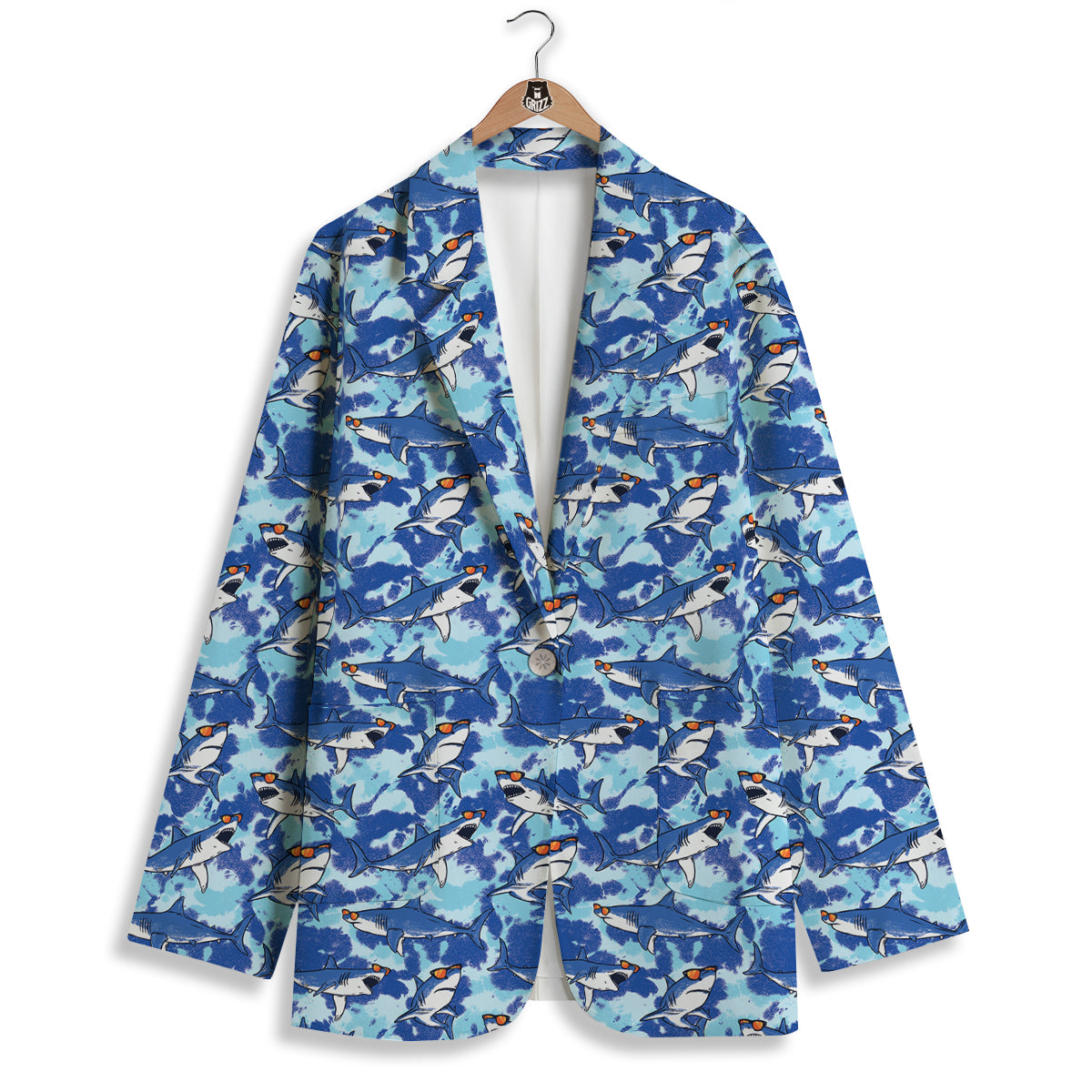 Blue Shark Print Pattern Women's Blazer-grizzshop