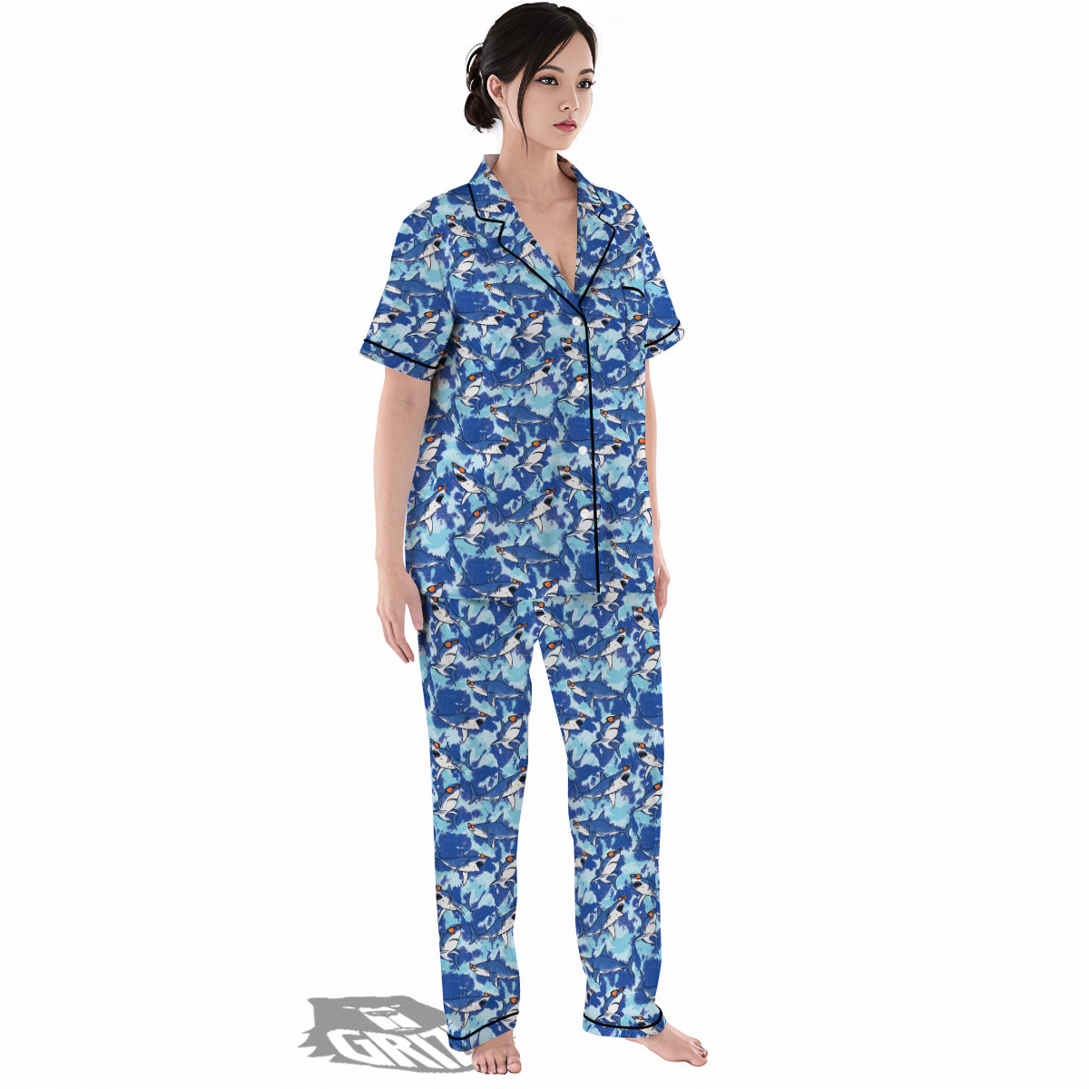 Blue Shark Print Pattern Women's Pajamas Set-grizzshop