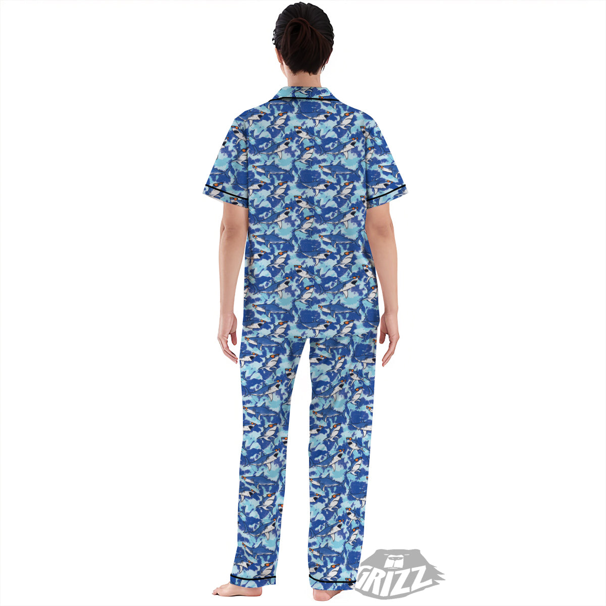Blue Shark Print Pattern Women's Pajamas Set-grizzshop