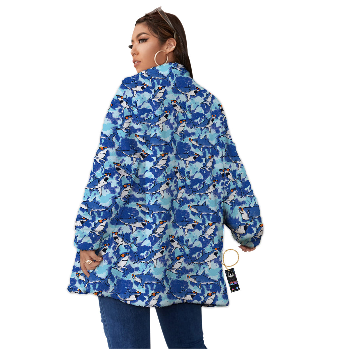 Blue Shark Print Pattern Women's Sherpa Jacket-grizzshop