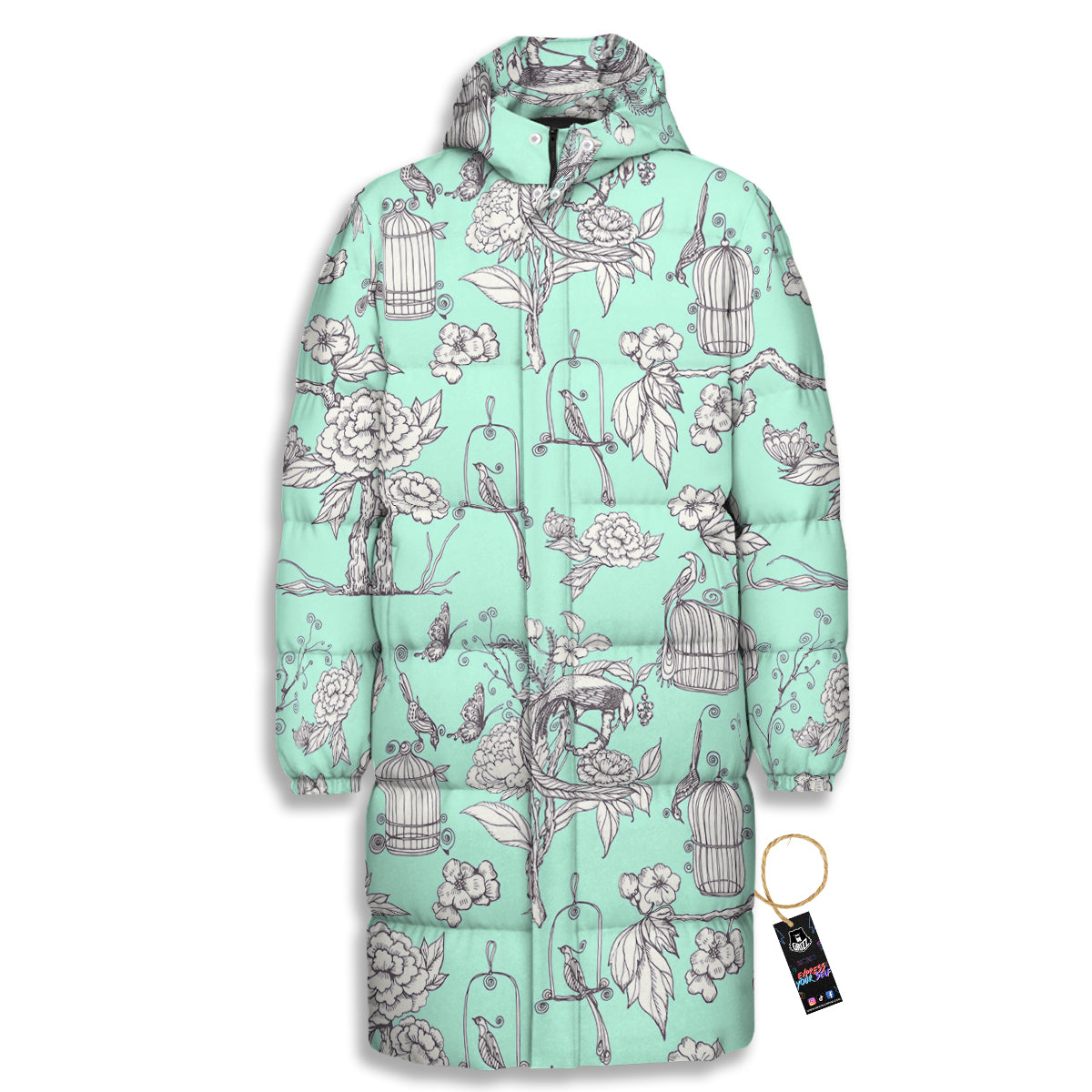 Blue Sky White Chinoiserie Print Pattern Long Down Jacket-grizzshop