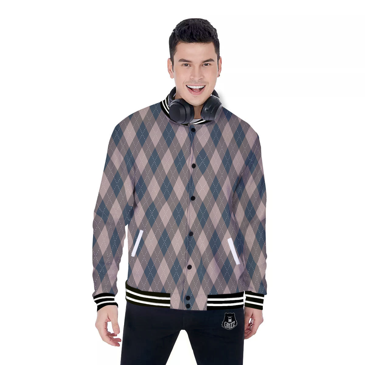 Blue Spruce And Beige Argyle Print Pattern Baseball Jacket-grizzshop