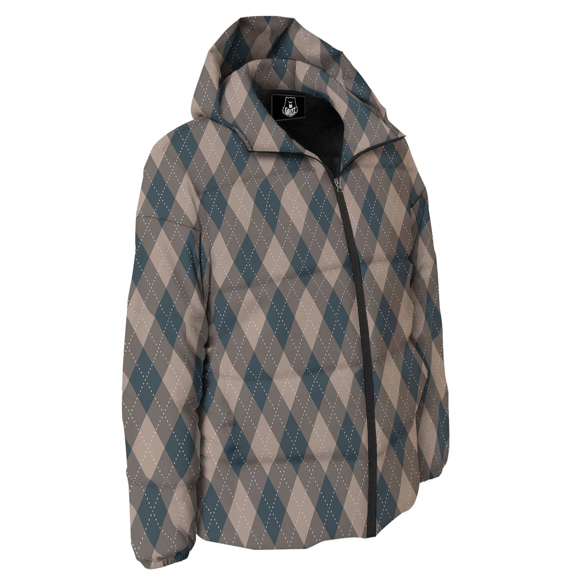 Blue Spruce And Beige Argyle Print Pattern Down Jacket-grizzshop