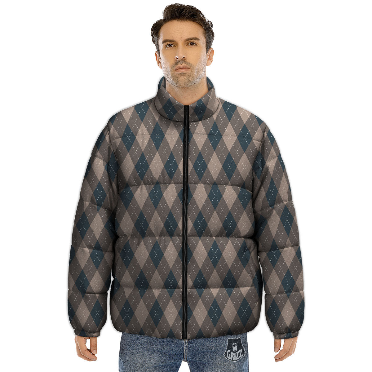 Blue Spruce And Beige Argyle Print Pattern Puffer Jacket-grizzshop