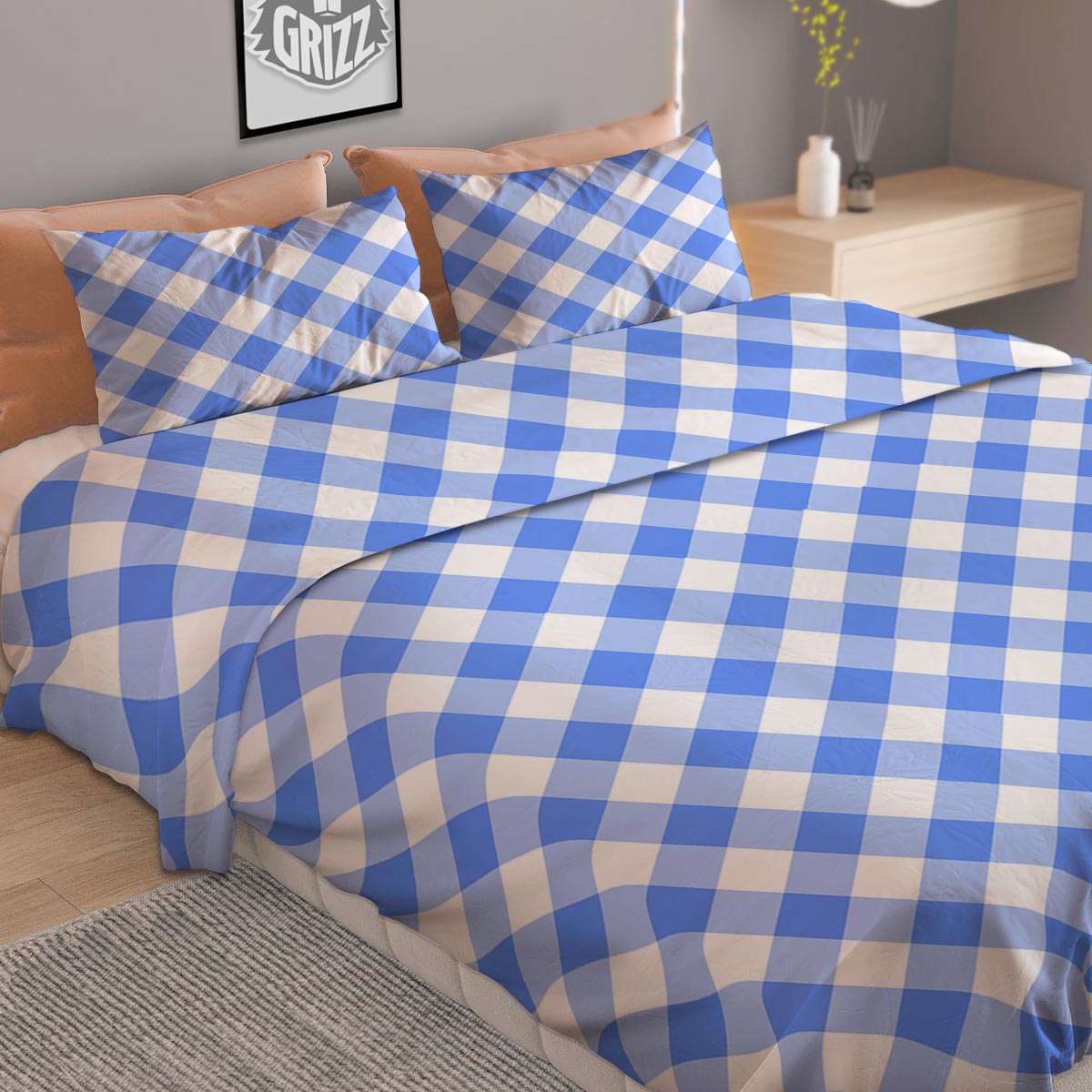 Blue Steel And White Gingham Print Pattern Duvet Cover Bedding Set