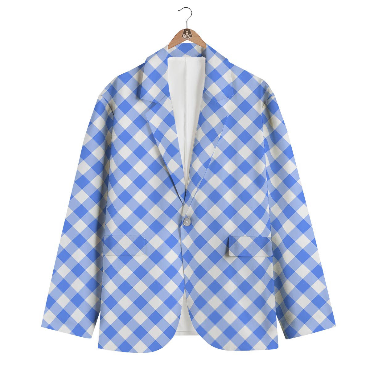 Blue Steel And White Gingham Print Pattern Men's Blazer-grizzshop