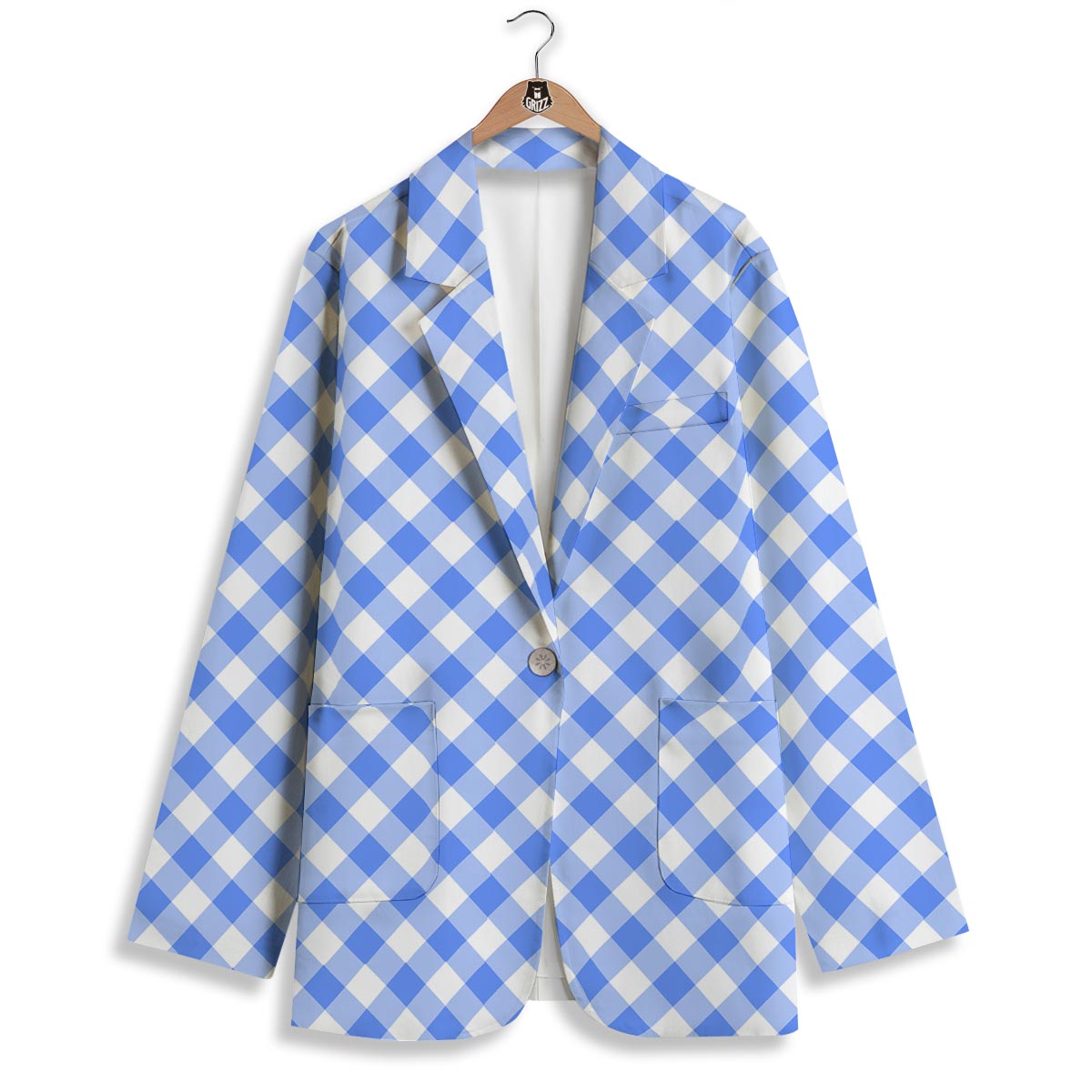 Blue Steel And White Gingham Print Pattern Women's Blazer-grizzshop