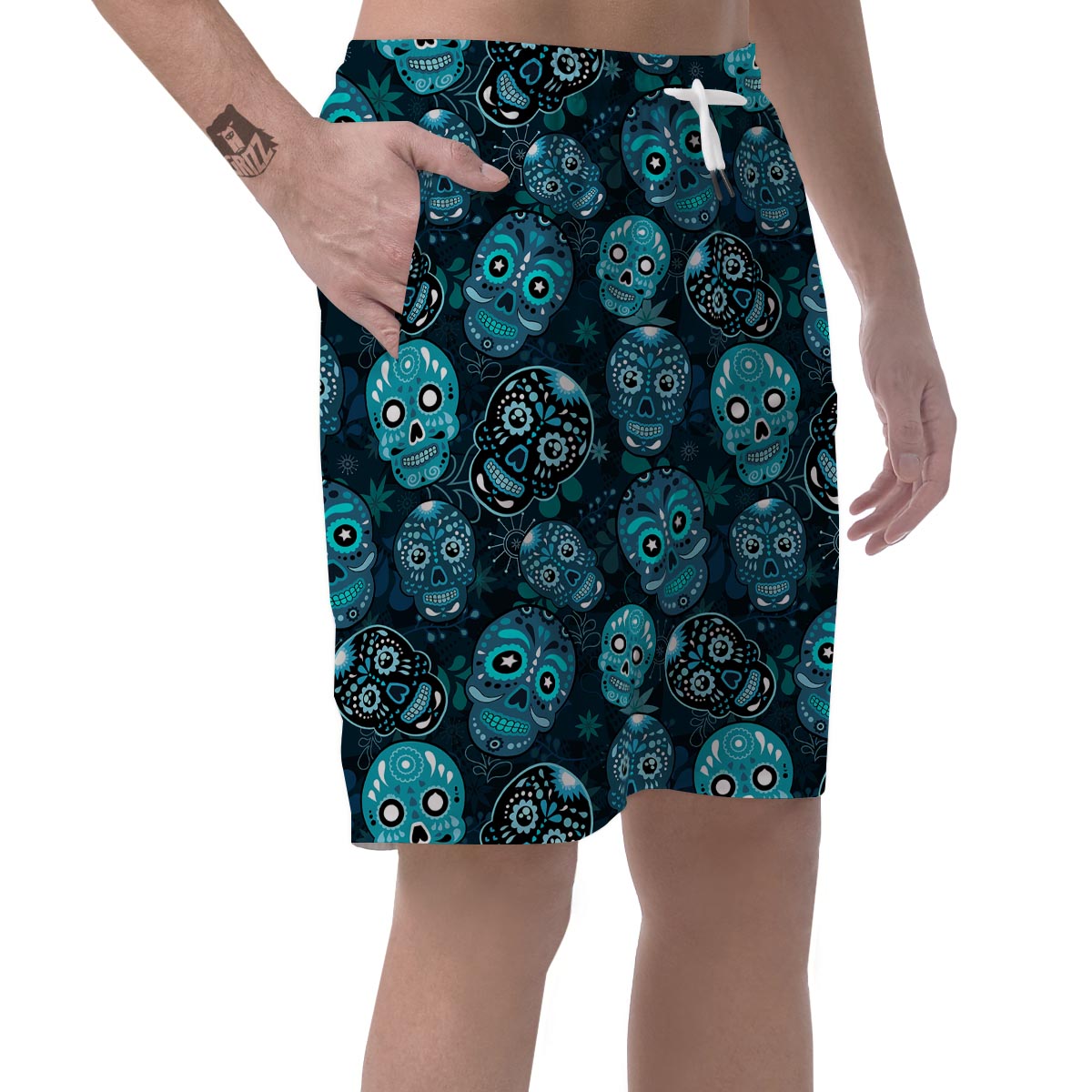 Blue Sugar Skull Print Men's Shorts-grizzshop