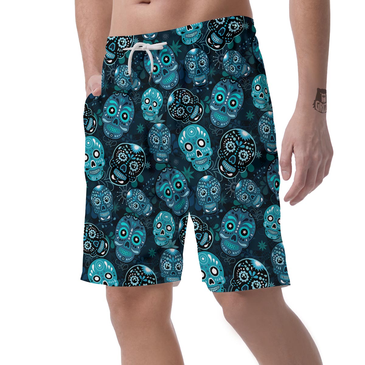 Blue Sugar Skull Print Men's Shorts-grizzshop