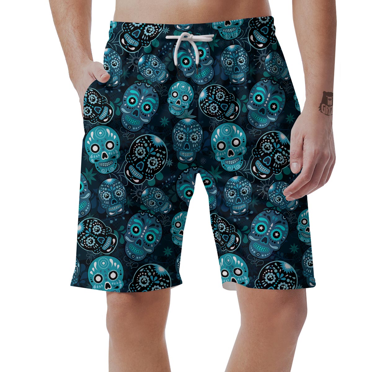 Blue Sugar Skull Print Men's Shorts-grizzshop
