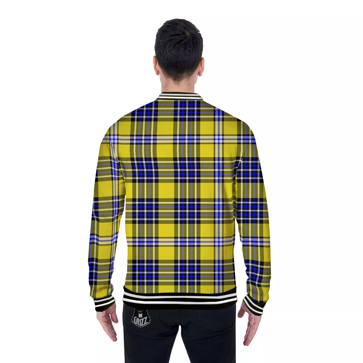 Blue Tartan And Black Yellow Print Pattern Baseball Jacket-grizzshop