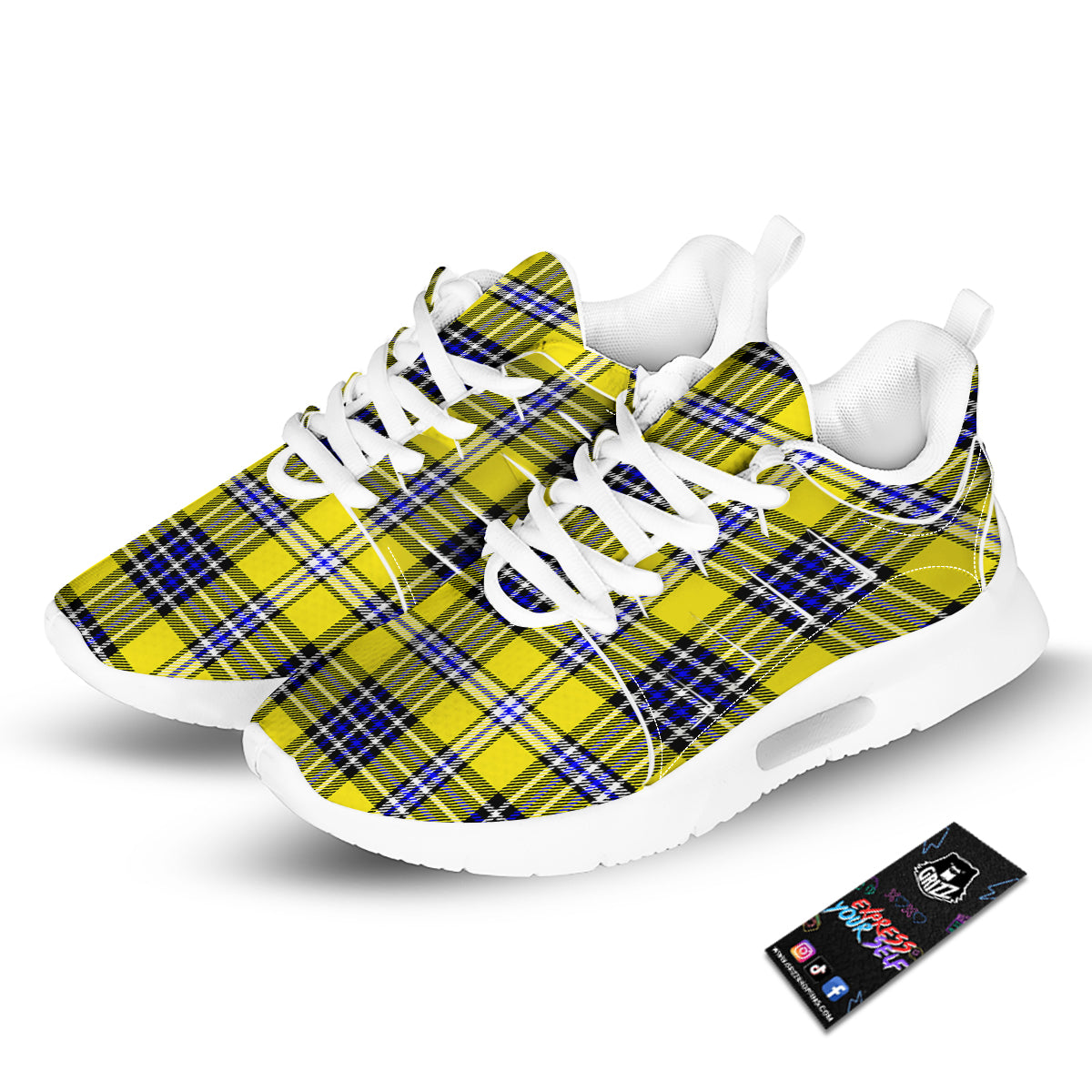 Blue Tartan And Black Yellow Print Pattern Tennis Shoes-grizzshop